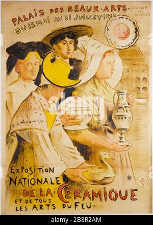 MOSTRA NAZIONALE DI ARTI CERAMICHE E TUTTO IL FUOCO, IL PALAZZO DELLE BELLE ARTI ETIENNE MOREAU-NELATON (1859-1927). Imprimerie Charles Verneau. Esposizione Nationale de la Céramique et de tous les Arts du Feu, Palais des Beaux-Arts. Affiche. Lithographie couleur, 1897. Parigi, musée Carnavalet. Foto Stock