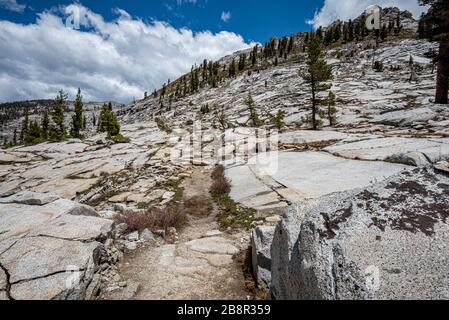 Il Lakes Trail nel Sequoia National Park offre viste mozzafiato delle montagne di granito lucido della catena montuosa della Sierra Nevada. Foto Stock