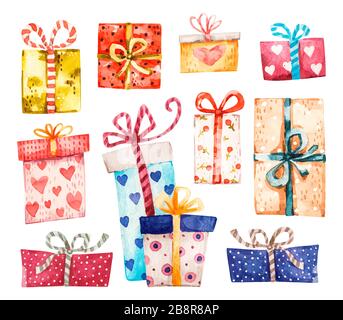 Set di confezioni regalo, presenta isolato su bianco. Watercolor carino vettore colorato avvolto. Vendita, concetto di vacanza. Illustrazione Vettoriale