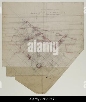 Layout geometrico al decor dell'opera Les Huguenots di Meyerbeer, 1874. Teatro dell'Opera Nazionale Les Huguenots Act 1 luglio 1874 Mostra d'albergo (Nevers) Philippe-Marie Chaperon (182361907). Tracé géométrique pour le décor de l'opéra Les Huguenots de Meyerbeer, 1874. Théâtre National de l'Opéra Les Huguenots 1er acte Juillet 1874 Salon de l'hôtel de (Nevers). Crayon, encré de Chine, encré et aquarelle rouges sur papier, 1874-1874. Musée Carnavalet, Histoire de Paris. Foto Stock