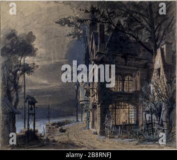 DECOR ACT IV IL RE SI DIVERTE NEL TEATRO FRANCESE 1882 PHILIPPE CHAPERON (1823-1907). "Décor de l'acte IV du Roi s'amuse au théâtre français en 1882". Lavis d'encre de Chine et gouache. Parigi, musée Carnavalet. Foto Stock