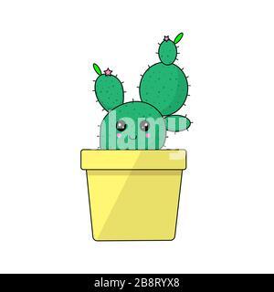 Carino kawaii cactus isolato su sfondo bianco Illustrazione Vettoriale