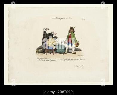 METAMORFOSI IL GIORNO. J'Y VENDERAI PIUTTOSTO LA MIA ULTIMA CAMICIA, PRIMA! BEH, ASPETTA IL GIUDIZIO. PREFERIREI FARE PARTE DELLA MIA ULTIMA CAMICIA. BENE ASPETTARE IL PROCESSO Grandville (Jean Ignace Isidore Gérard dit, 1803-1847). 'Les Métamorphoses du jour. J'y vendrais plutôt ma dernière chemise, d'abord ! Et bien, attendez le jugement. Preferirei fare parte della mia ultima camicia. Aspetta la prova'. Lithographie coloriée, 1829. Parigi, Maison de Balzac. Foto Stock