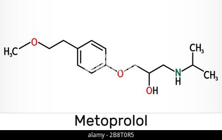 Metoprololo, molecola C15H25NO3. Viene usato nel trattamento dell'ipertensione e dell'angina pectoris. Formula chimica scheletrica. Illustrazione Foto Stock