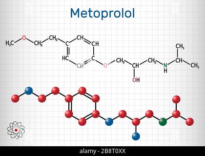 Metoprololo, molecola C15H25NO3. Viene usato nel trattamento dell'ipertensione e dell'angina pectoris. Foglio di carta in una gabbia. Illustrazione vettoriale Illustrazione Vettoriale