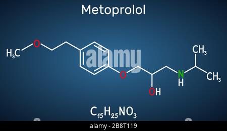 Metoprololo, molecola C15H25NO3. Viene usato nel trattamento dell'ipertensione e dell'angina pectoris. Formula chimica strutturale sul backgrou blu scuro Illustrazione Vettoriale