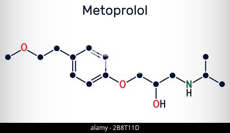 Metoprololo, molecola C15H25NO3. Viene usato nel trattamento dell'ipertensione e dell'angina pectoris. Formula chimica strutturale. Illustrazione vettoriale Illustrazione Vettoriale