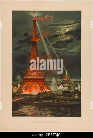 Accensione della Torre Eiffel Georges-Felix Garen (1854-?). Esposizione universelle de 1889. "Embraasement de la Tour Eiffel". Chromolithographie en couleur, imprimée par l'Imprimerie Monrocq pendant l'Exposition Universelle (Galerie des Machines), sur la nouvelle presse Marinoni. Parigi, musée Carnavalet. Foto Stock