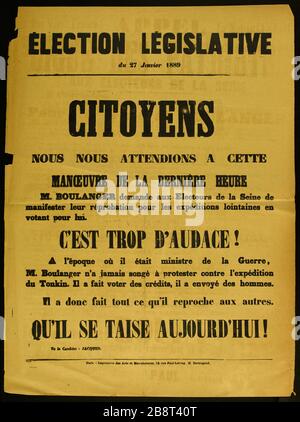 ELEZIONI LEGISLATIVE del 27 gennaio 1889 CITTADINI, ci aspettavamo DI MANOVRA L'ULTIMA ORA Imprimerie des Arts et Manufactures. ELECTION LEDICTANT DU 27 JANVIER 1889, CITOYENS, NOUS NOUS ATTENZIONI A SETTE MANSE DE LA DERNIERE HEURE. Typographie sur papier jaune. 1889. Parigi, musée Carnavalet. Foto Stock