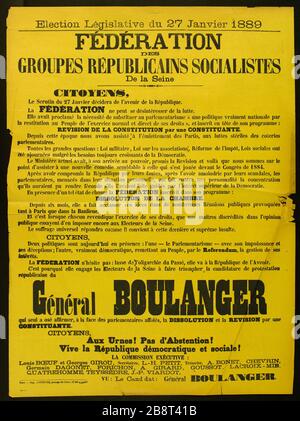 Elezione legislativa del 27 gennaio 1889, FEDERAZIONE DEL GRUPPO SOCIALISTA REPUBBLICANI De Seine Imprimerie Lefebvre. Election Législative du 27 Janvier 1889, FEDERATION DES GROUPES REPUBLICAINS SOCIALISTES De la Seine. Typographie sur papier jaune. 1889. Parigi, musée Carnavalet. Foto Stock