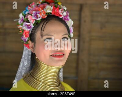 Bella tailandese / birmana lungo-collo Kayan venditore ("ragazza donna") con tribale Padaung anelli / bobine del collo in ottone sorride per la macchina fotografica. Foto Stock
