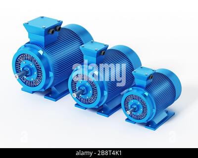 Motori elettrici isolati su sfondo bianco. Illustrazione 3D. Foto Stock