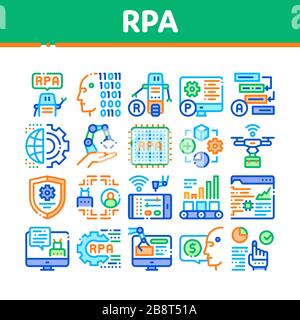 RPA Robotic Process Automation Icons Set Vector. (Imposta vettore icone automazione processi robot RPA Illustrazione Vettoriale