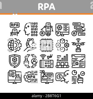 RPA Robotic Process Automation Icons Set Vector. (Imposta vettore icone automazione processi robot RPA Illustrazione Vettoriale