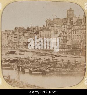 Indossando l'Hotel de Ville visto dal Quai de Bourbon. La posta. Vista a destra le Port de l'Hôtel-de-Ville vu du quai de Bourbon. 'Le Mail'. Vue droite. Vue stéréoscopique trasparente coloriée (effet nocturne), papier albuminé, trus de lumière avec bandes de papier couleur collées au verso. Parigi (IVème arr.). 1855-1865. Anonima fotographie. Parigi, musée Carnavalet. Foto Stock