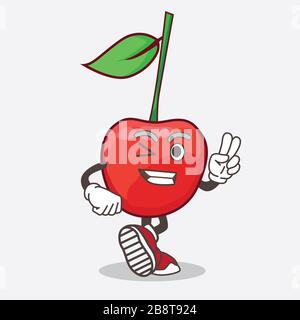 Un'illustrazione del personaggio della mascotte del cartone animato di Bing Cherry con due dita Foto Stock