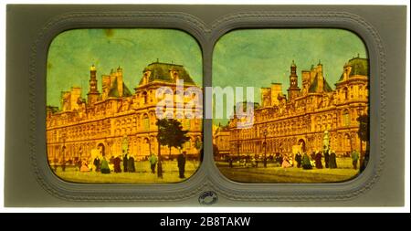L'Hotel de Ville, banchina dell'Hotel de Ville, 4 ° distretto, Parigi. Municipio. "L'Hôtel-de-Ville, quai de l'Hôtel-de-Ville, Parigi (IVème arr.)". Anonima fotographie. Vue stéréoscopique trasparente coloriée sur papier albuminé. 1865. Parigi, musée Carnavalet. Foto Stock