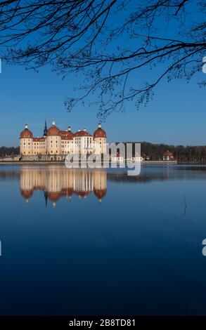 Moritzburg, Germania. 23 marzo 2020. Il Castello di Moritzburg, l'ex rifugio di caccia della famiglia Wettin, si riflette nello stagno del castello al mattino. Credit: Robert Michael/dpa-Zentralbild/ZB/dpa/Alamy Live News Foto Stock