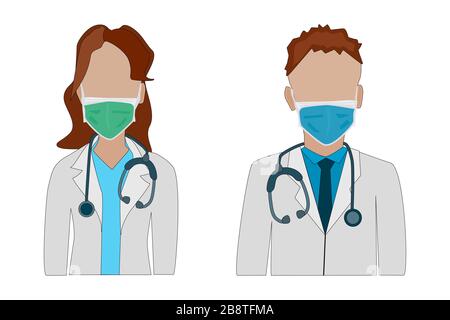 I medici nelle icone della maschera medica si impostano isolati su sfondo bianco. Personale medico colorato avatar piatti. Professionisti della medicina persone firmare. Vettore di stock Illustrazione Vettoriale