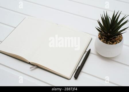 Un taccuino bianco su uno sfondo di legno bianco accanto ad un fiore di casa in una pentola. Schema di illuminazione. Foto Stock