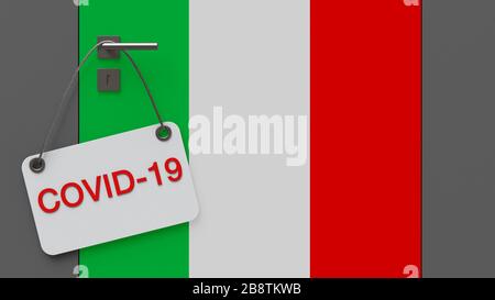 Concetto medico di coronavirus. Il concetto di chiusura dei confini dell'Italia. L'iscrizione Covid-19 su sfondo bianco. Illustrazione 3D. Foto Stock