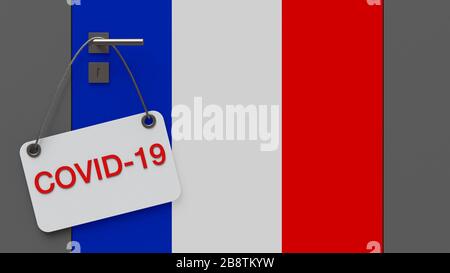 Concetto medico di coronavirus. Il concetto di chiusura dei confini della Francia. L'iscrizione Covid-19 su sfondo bianco. Illustrazione 3D. Foto Stock