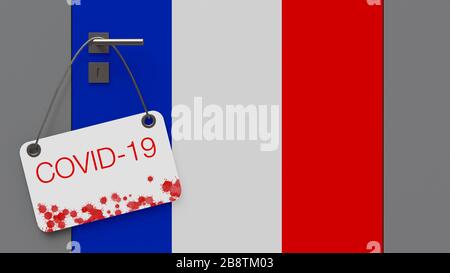 Concetto medico di coronavirus. Il concetto di chiusura dei confini della Francia. L'iscrizione Covid-19 su sfondo bianco. Illustrazione 3D. Foto Stock