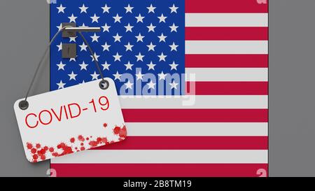 Concetto medico di coronavirus. Il concetto di chiusura dei confini degli Stati Uniti. L'iscrizione Covid-19 su sfondo bianco. Illustrazione 3D. Foto Stock