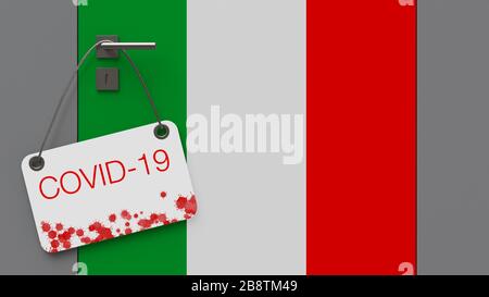 Concetto medico di coronavirus. Il concetto di chiusura dei confini dell'Italia. L'iscrizione Covid-19 su sfondo bianco. Illustrazione 3D. Foto Stock