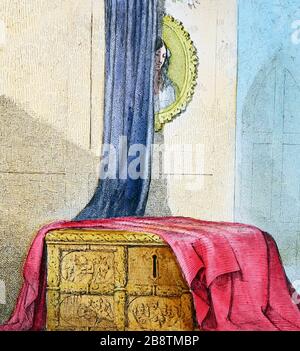 Un'illustrazione vittoriana dalla storia 'The Mistletoe Bough'. Questa è l'immagine numero 1 'la vecchia cassa di quercia'. Ci sono sette immagini in totale, tutte su Alamy. Foto Stock