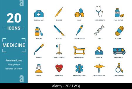 Medicina icon set. Includere elementi creativi medical bag, pillole, miscela, dna, la pipetta icone. Può essere utilizzato per la relazione, presentazione, diagramma, web Foto Stock