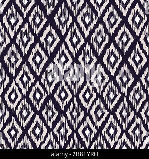 Bianco e nero monocromatico trafilato a mano tradizionale Ikat Diamonds motivo vettoriale senza cuciture Illustrazione Vettoriale