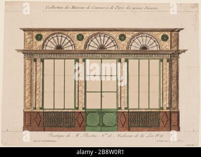 COLLEZIONE DI CASE DI COMMERCIO PARIGI PIÙ DECORATE; NEGOZIO M BERTIN; MODI DI MERCHANTABILITA', LA LEGGE DI STRADA N° 26 ANONYME. "Collection des maisons de commerce de Paris les mieux décorés; Boutique de M Bertin; Marchande de Modes, rue de la Loi n°26". Eau-forte coloriée. Parigi, musée Carnavalet. Foto Stock