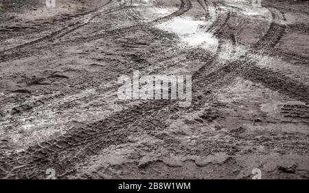 Le piste degli pneumatici sono su una strada umida rurale sporca, astratta foto di sfondo trasporto Foto Stock