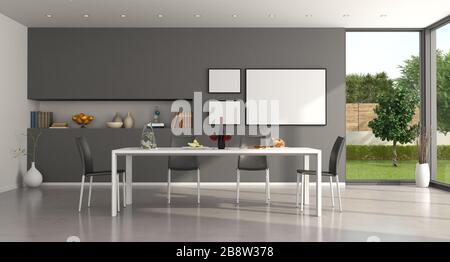 Sala da pranzo minimalista con tavolo bianco e pareti grigie - rendering 3d Foto Stock