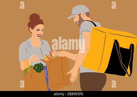 Corriere che consegna generi alimentari freschi in sacchetti di carta ad una donna giovane. Illustrazione vettoriale colorata in stile cartoon piatto Illustrazione Vettoriale