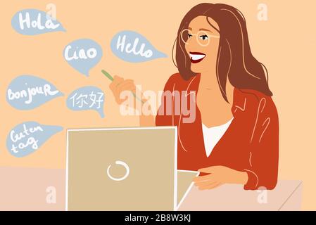 Una donna felice impara le lingue straniere online utilizzando un notebook. Illustrazione vettoriale con scritte di saluto in diverse lingue sullo sfondo Illustrazione Vettoriale