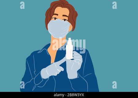 Donna in maschera medica e guanti che trattengono uno spray disinfettante. Concetto di igiene e disinfezione durante l'epidemia. Illustrazione vettoriale colorata in stile cartoon piatto Illustrazione Vettoriale