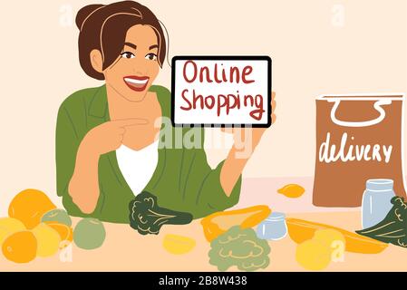 Ritratto di una donna felice che acquista generi alimentari freschi online. E-commerce e concetto di consegna. Illustrazione vettoriale colorata in stile cartoon piatto Illustrazione Vettoriale