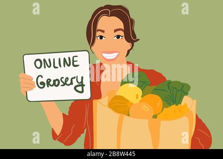 Ritratto di una donna felice che acquista generi alimentari freschi online. Concetto di e-commerce. Illustrazione vettoriale colorata in stile cartoon piatto Illustrazione Vettoriale