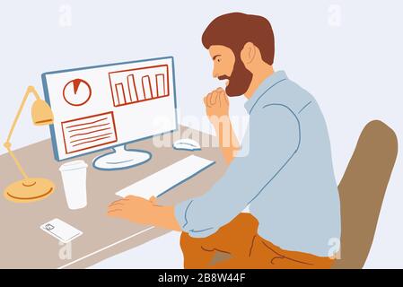 Uomo che ha un po 'di lavoro sul computer desktop seduto a casa o in ufficio da solo. Illustrazione vettoriale colorata in stile cartoon piatto Illustrazione Vettoriale