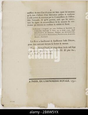 Proclamazione del re, decreto del 14 agosto 1790, omissione della parola cent in assignats 300 libbre (titolo fittizio). Louis XVI, roi de France, signataire et François Emmanuel Guignard, chevalier puis comte de Saint-Priest, signataire. Proclama du Roi, décret du 14 août 1790, omission du mot cent dans les assignats de 300 livres. 1791. Typographie, bois. Parigi, musée Carnavalet. Foto Stock