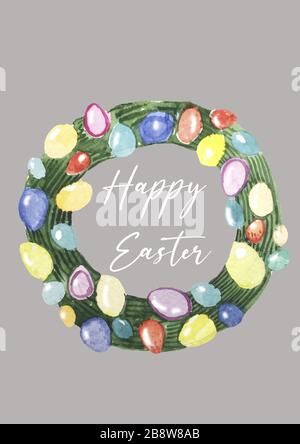 Corona pasquale con fiori e uova. Biglietto di auguri con casella di testo. Foto Stock