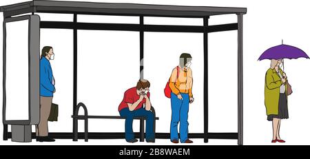 Persone che indossano maschere mediche alla fermata dell'autobus Illustrazione Vettoriale