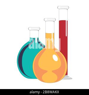 Matracci in vetro da laboratorio e provette con liquido blu, giallo e rosso. Esperimenti chimici e biologici. Illustrazione vettoriale in stile piatto. Illustrazione Vettoriale