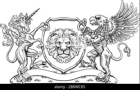 Stemma Crest Griffin Unicorn Lion Shield Illustrazione Vettoriale