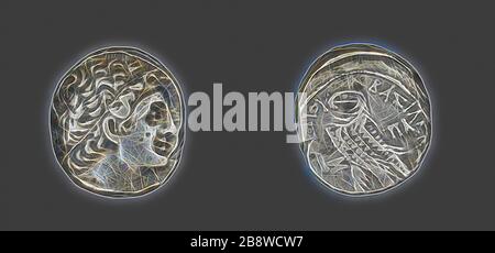 Tetradrachm (Coin) raffigurante il re Tolomeo di Cipro, 65/64 a.C., Greco-Egiziano, Cipro, Argento, Diam. 2,4 cm, 13,77 g, Reimagined by Gibon, design di calore allegro di luminosità e raggi di luce radianza. Arte classica reinventata con un tocco moderno. La fotografia ispirata al futurismo, che abbraccia l'energia dinamica della tecnologia moderna, del movimento, della velocità e rivoluziona la cultura. Foto Stock