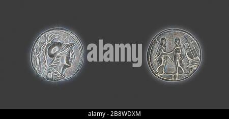 Denarius (moneta) raffigurante la dea Minerva, 87 a.C., Antica Confederazione Italiana (Confederazione Marsica), Sannium, Argento, Diam. 1,8 cm, 3,85 g, Reimagined by Gibon, design di calda luce allegra di luminosità e raggi di luce radianza. Arte classica reinventata con un tocco moderno. La fotografia ispirata al futurismo, che abbraccia l'energia dinamica della tecnologia moderna, del movimento, della velocità e rivoluziona la cultura. Foto Stock