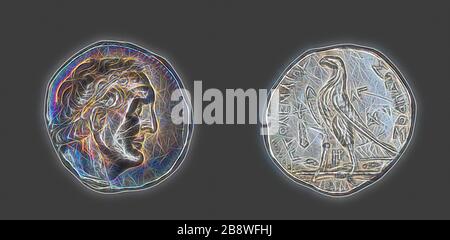 Tetradrachm (Coin) raffigurante Re Tolomeo i, 253/252 a.C., regno di Tolomeo II (285–247 a.C.), Greco-Egiziano, Tiro, Argento, Diam. 2,7 cm, 14,14 g, Reimagined by Gibon, disegno di calda luce allegra di luminosità e raggi luminosi. Arte classica reinventata con un tocco moderno. La fotografia ispirata al futurismo, che abbraccia l'energia dinamica della tecnologia moderna, del movimento, della velocità e rivoluziona la cultura. Foto Stock