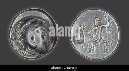 Tetradrachm (Coin) di Alessandro Magno come Herakles, 336/323 a.C., Greco, Macedonia, Argento, Diam. 3,1 cm, 16,32 g, Reimagined by Gibon, design di calore allegro di luminosità e raggi di luce radianza. Arte classica reinventata con un tocco moderno. La fotografia ispirata al futurismo, che abbraccia l'energia dinamica della tecnologia moderna, del movimento, della velocità e rivoluziona la cultura. Foto Stock